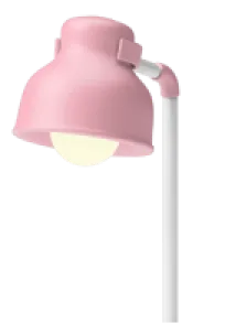 A pink desk lamp with a rounded shade and a white stand, perfect for illuminating late-night web site design sessions, turned on and glowing softly against a plain light background.