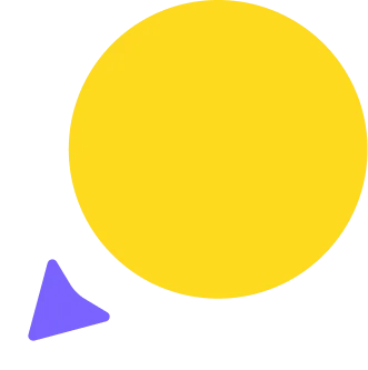 A large yellow circle, symbolizing digital marketing, overlaps the upper right side while a smaller purple triangle with rounded corners points upward on the lower left, both set against a light gray background.