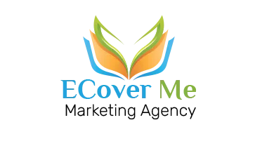 Logo for ECover Me Marketing Agency featuring stylized, colorful leaves forming an open book above the company name in blue and green text, with Marketing Agency written below in black—perfect for a digital marketing or web site design business.
