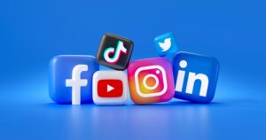 3D icons of popular social media platforms, perfect for showcasing Social Media Management or Marketing Agency services, are arranged on a blue background—ideal for web site design projects.