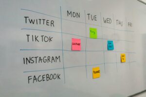 A whiteboard social media planner for digital marketing, with rows for Twitter, TikTok, Instagram, and Facebook, and columns for Monday to Friday. Colored sticky notes mark planned posts like Culture, Funny, How To, Fun Fact, and Product.