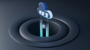 A 3D illustration of a cloud icon above a circular hole, with vertical beams connecting a padlock to the cloud, symbolizing secure cloud data for social media management and web site design on a dark background.