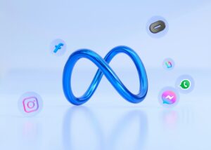 A shiny blue infinity symbol stands in the center, surrounded by floating icons for Facebook, Instagram, Messenger, WhatsApp, and other digital apps on a light blue background.