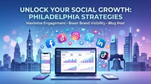 A digital illustration of Philadelphia’s skyline with social media icons, a laptop, and a smartphone displaying analytics dashboards. Text reads: Unlock Your Social Growth: Expert Social Media Management & Strategies in Philadelphia.